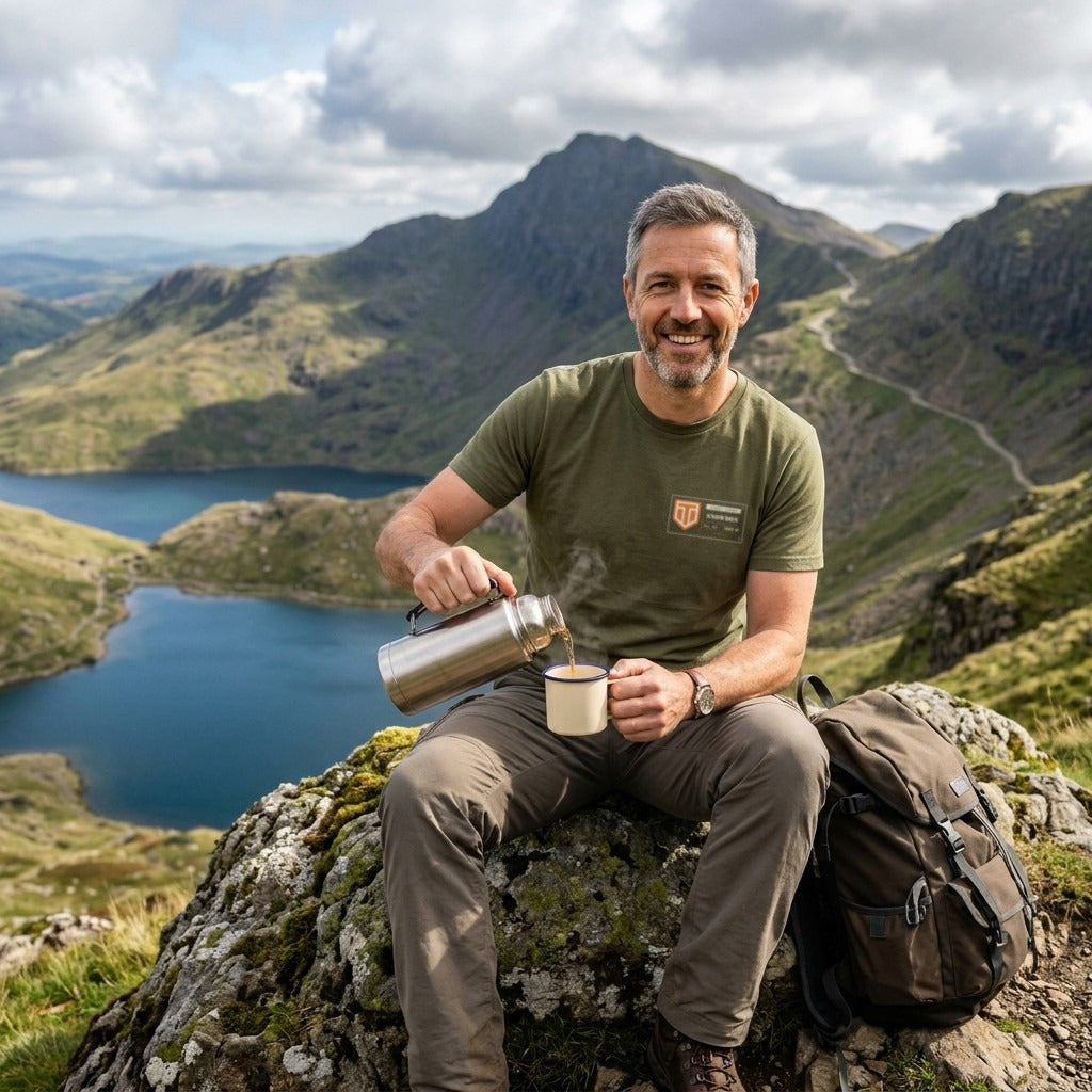 Man in the Military Green Snowdon T-shirt pouring tea from a flask above the lakes on Snowdon