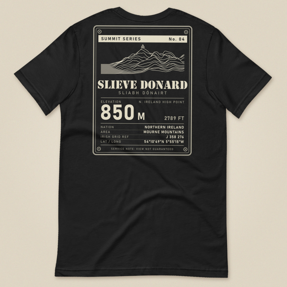 Summit Series Slieve Donard T-Shirt in Vintage Black, laid flat, back view of the Slieve Donard 850 m data-plate print