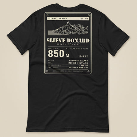 Summit Series Slieve Donard T-Shirt in Vintage Black, laid flat, back view of the Slieve Donard 850 m data-plate print