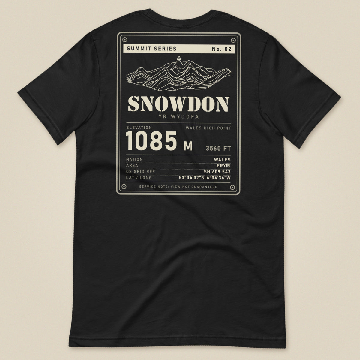 Summit Series Snowdon T-Shirt in Vintage Black, laid flat, back view of the Snowdon 1085 m data-plate print