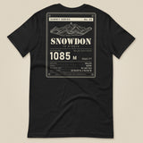 Summit Series Snowdon T-Shirt in Vintage Black, laid flat, back view of the Snowdon 1085 m data-plate print