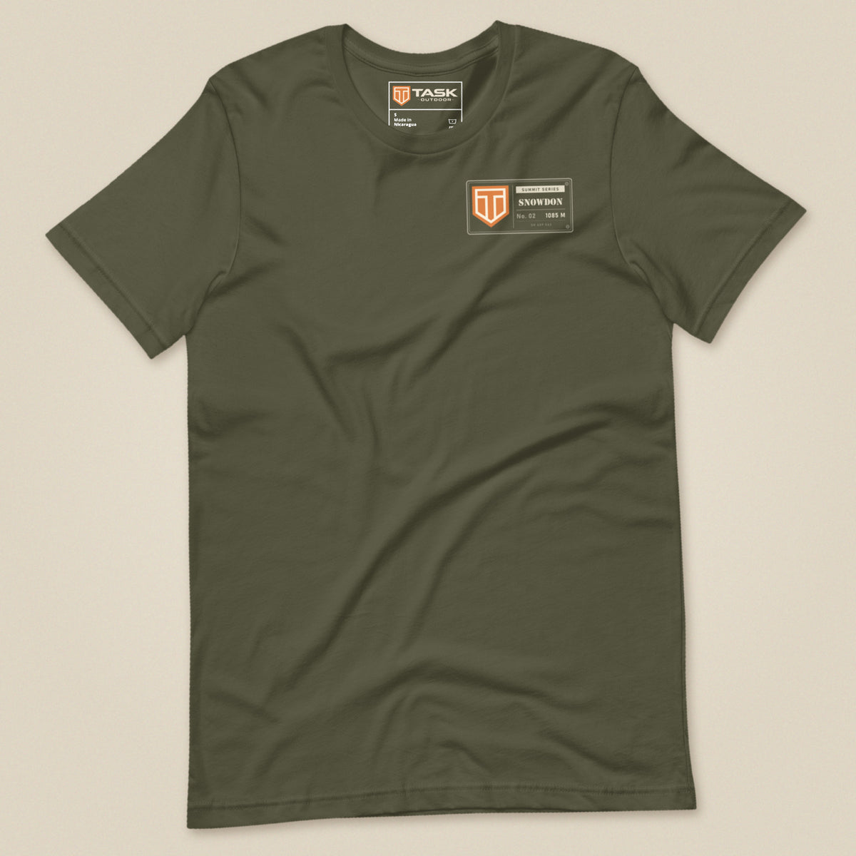 Summit Series Snowdon T-Shirt in Military Green, laid flat, front view with the left-chest badge