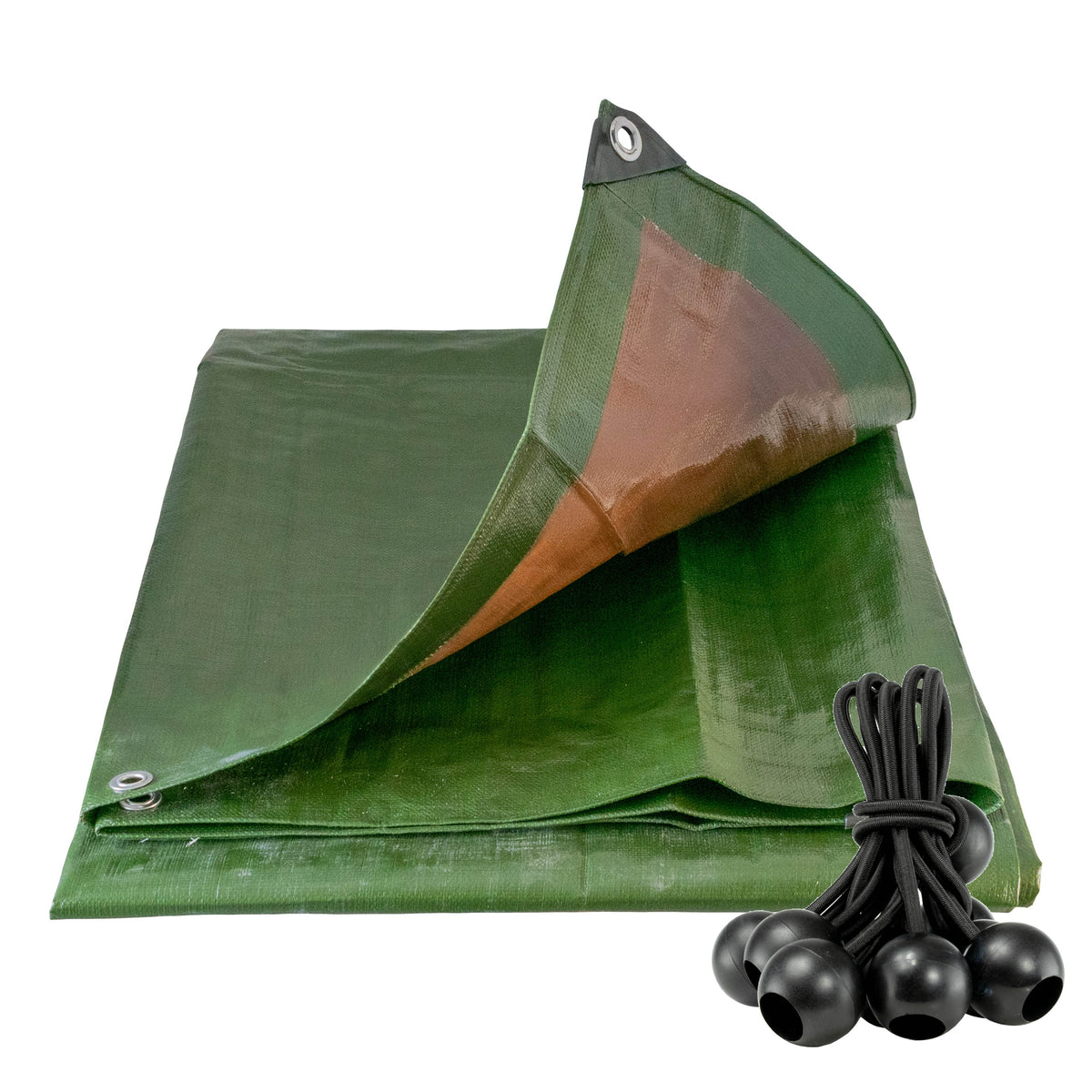Green/Brown L-Grade Tarpaulin with 10 x 6" Bungee Balls (Black) with a corner lifted and a bundle of black bungee balls