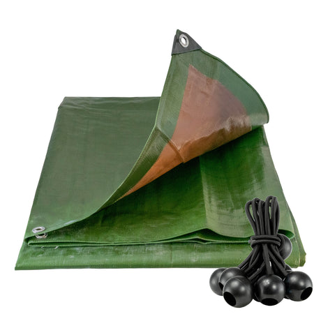 Green/Brown L-Grade Tarpaulin with 10 x 6" Bungee Balls (Black) with a corner lifted and a bundle of black bungee balls