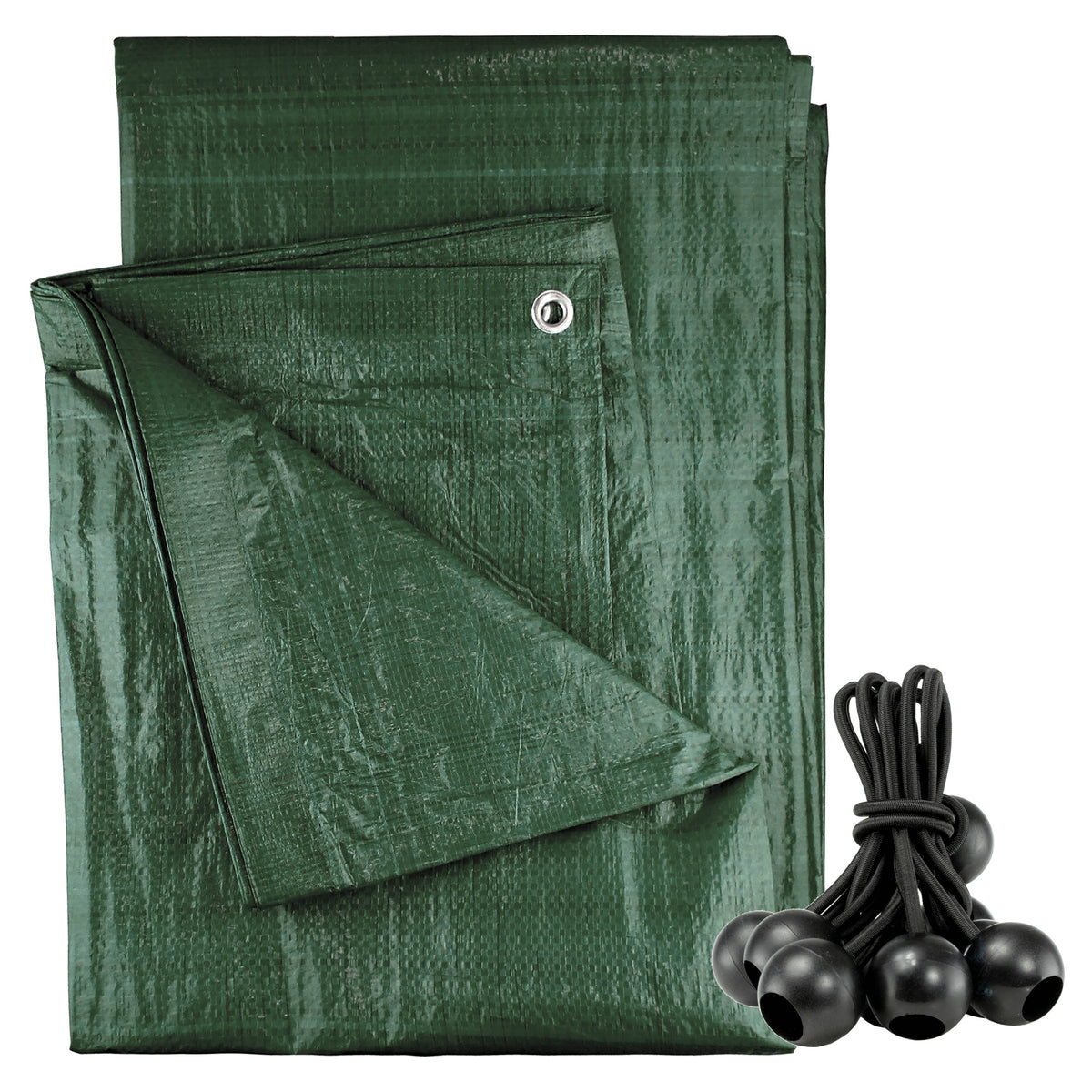 Green M-Grade Tarpaulin with 10 x 6" Bungee Balls (Black) folded with a bundle of black bungee balls