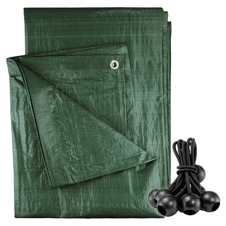 Green M-Grade Tarpaulin with 10 x 4" Bungee Balls (Black) folded with a bundle of black bungee balls