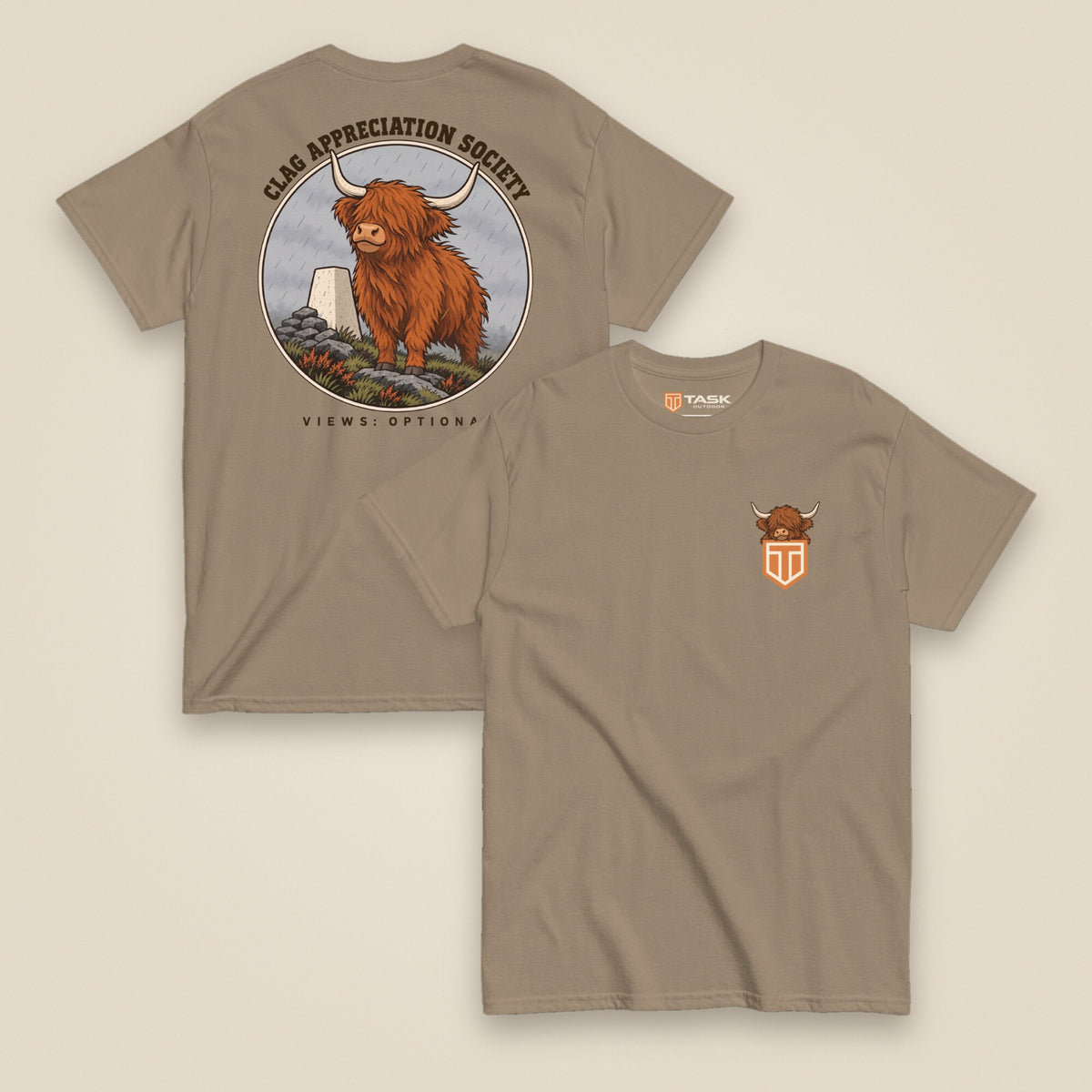 Clag Appreciation Society Double Sided T-Shirt in Brown Savana, front and back view