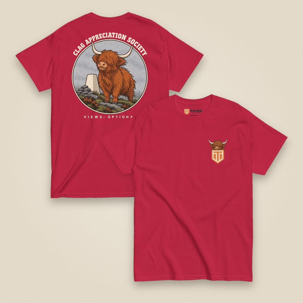 Clag Appreciation Society Double Sided T-Shirt in Cardinal, front and back view