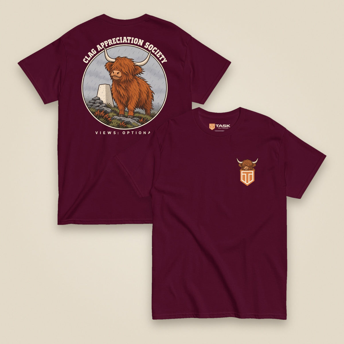 Clag Appreciation Society Double Sided T-Shirt in Maroon, front and back view