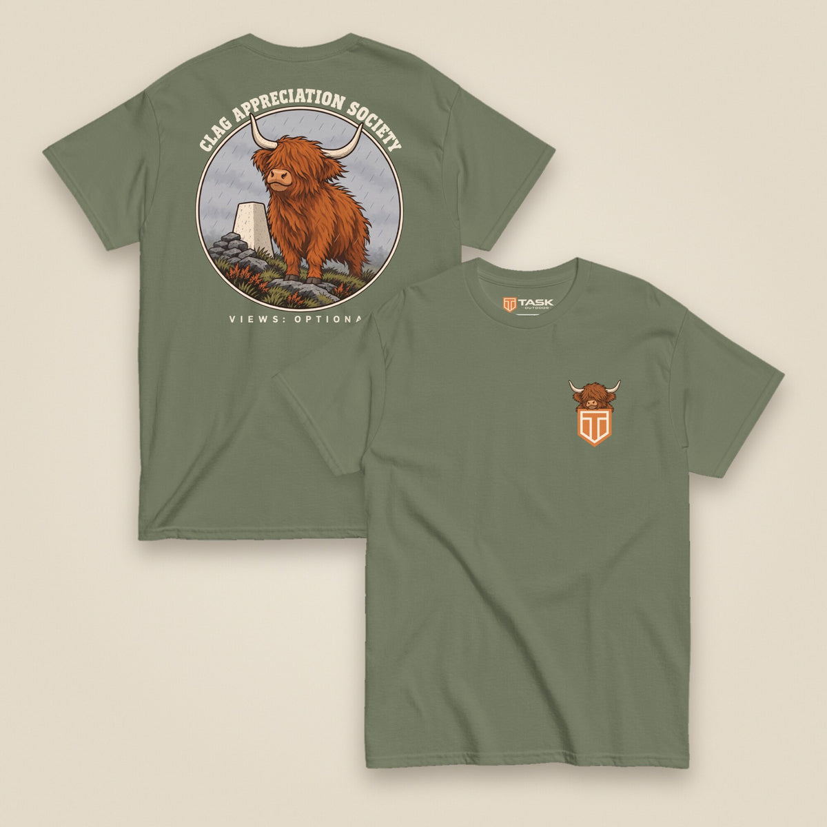 Clag Appreciation Society Double Sided T-Shirt in Military Green, front and back view