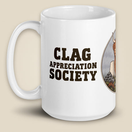 Clag Appreciation Society White Glossy Ceramic Mug in 15 oz, handle on left