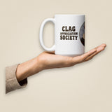 Clag Appreciation Society White Glossy Ceramic Mug in 15 oz, held in hand, handle on left