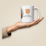 Clag Appreciation Society White Glossy Ceramic Mug in 15 oz, held in hand, handle on right