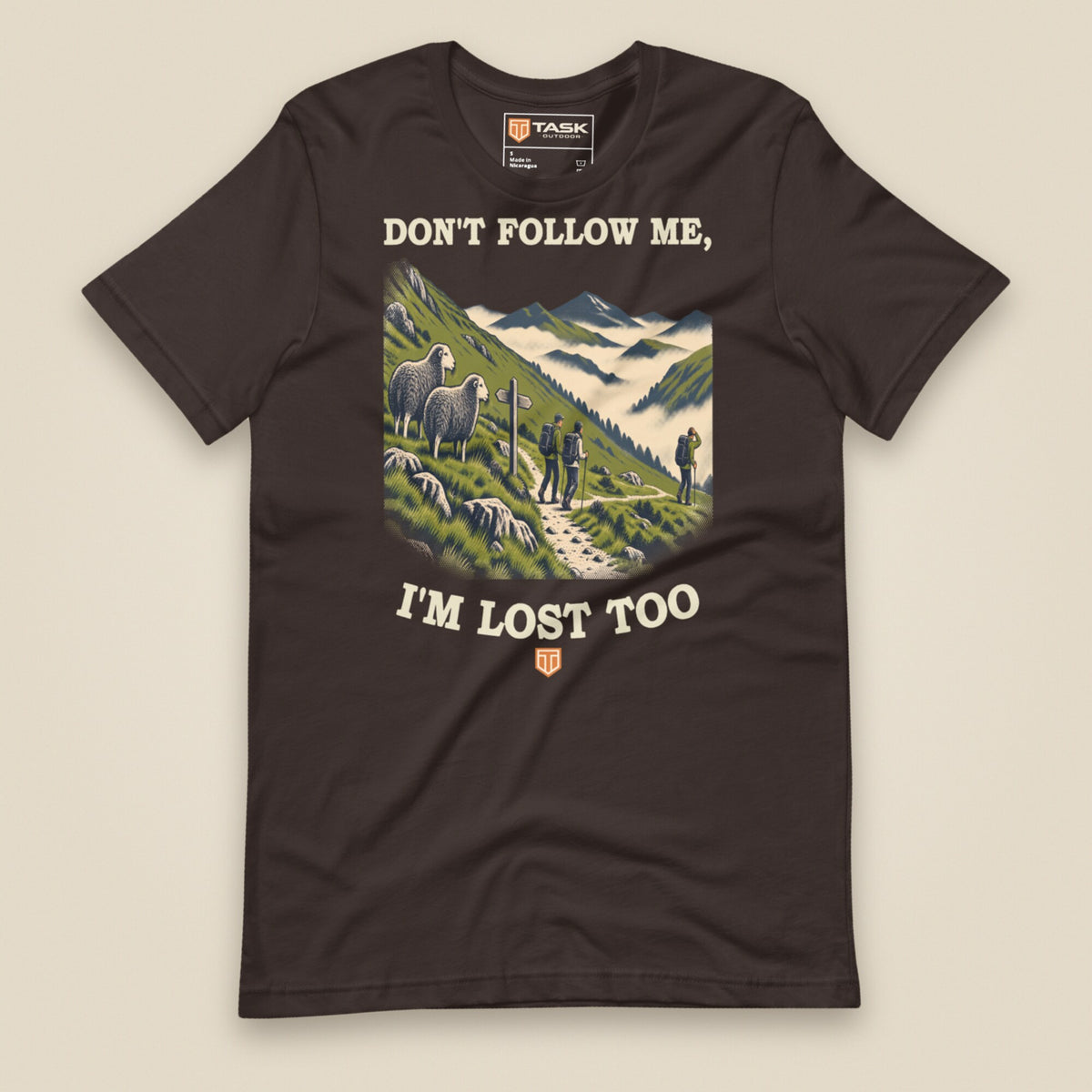 Don't Follow Me, I'm Lost Too Unisex T-Shirt in Brown, front view