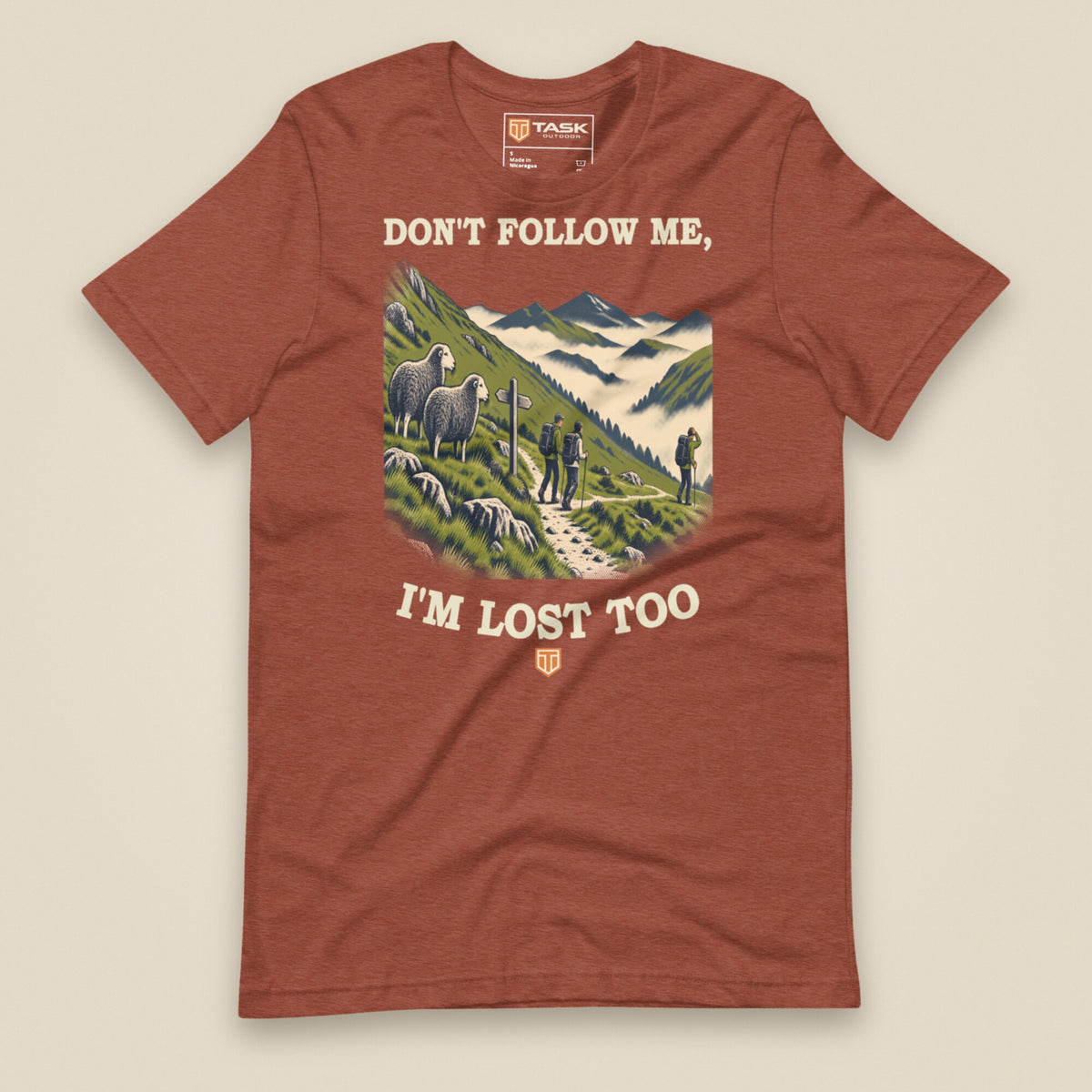 Don't Follow Me, I'm Lost Too Unisex T-Shirt in Heather Clay, front view
