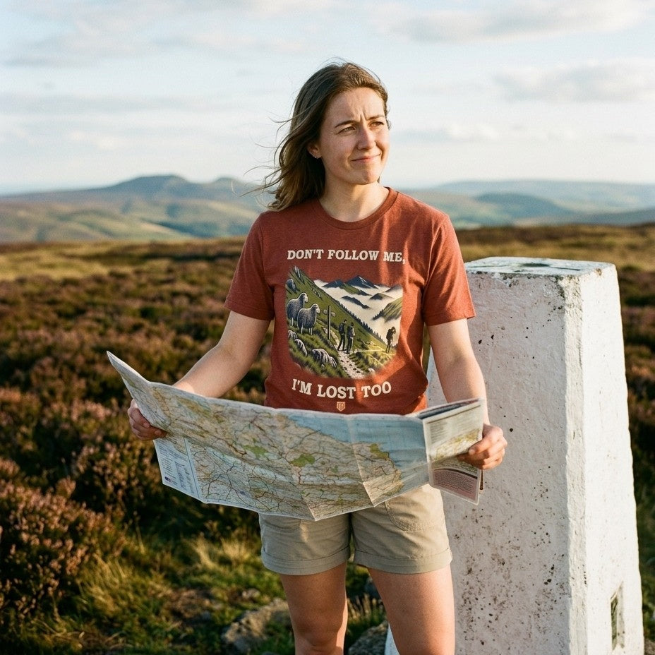 Hiker wearing the Don't Follow Me, I'm Lost Too T-Shirt in Heather Clay, holding a map by a moorland trig point