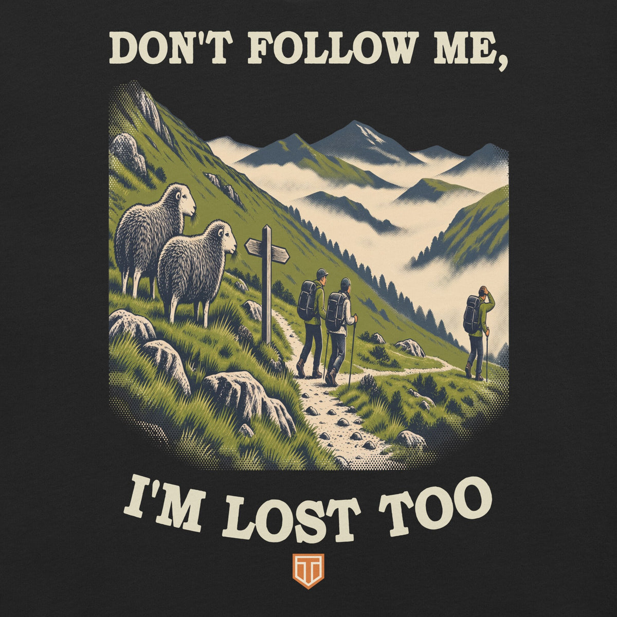 Don't Follow Me, I'm Lost Too Unisex T-Shirt in Vintage Black, close-up of the front print: lost walkers heading into the mist while two Herdwick sheep look on