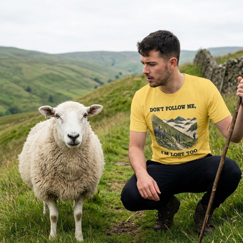 Man wearing the Don't Follow Me, I'm Lost Too T-Shirt in Yellow crouching beside a sheep on a hillside path
