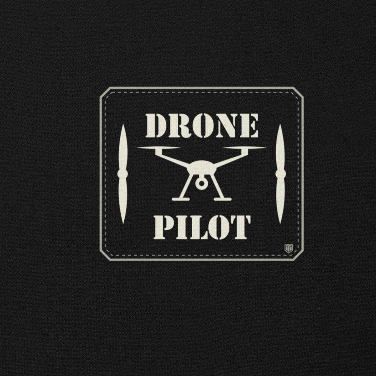Drone Pilot Unisex Hoodie in Black, chest print close-up