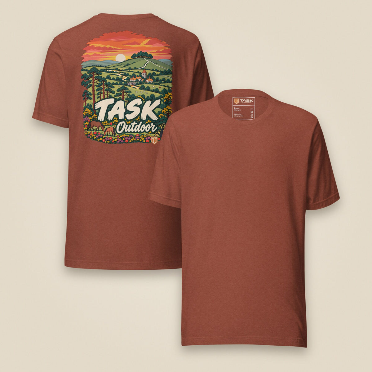 Hampshire Sunset Back Print Unisex T-Shirt in Heather Clay, front and back view