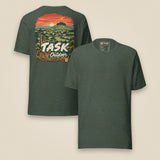 Hampshire Sunset Back Print Unisex T-Shirt in Heather Forest, front and back view