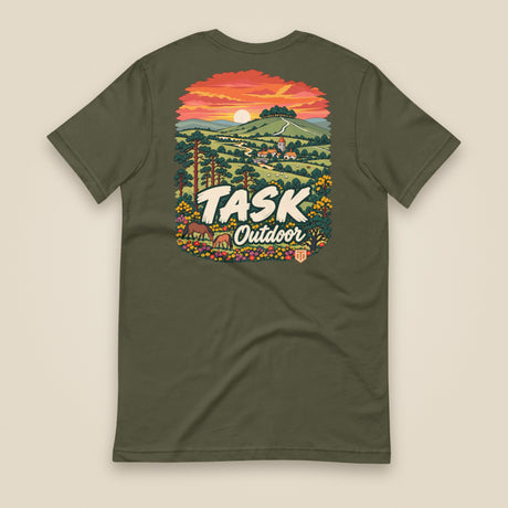 Hampshire Sunset Back Print Unisex T-Shirt in Military Green, back view