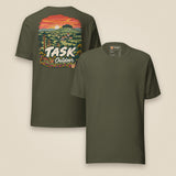 Hampshire Sunset Back Print Unisex T-Shirt in Military Green, front and back view