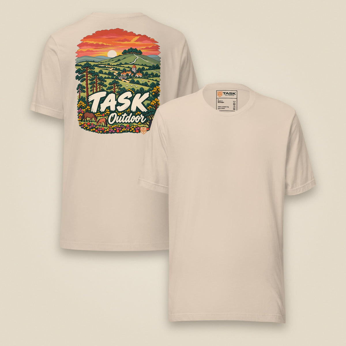 Hampshire Sunset Back Print Unisex T-Shirt in Soft Cream, front and back view