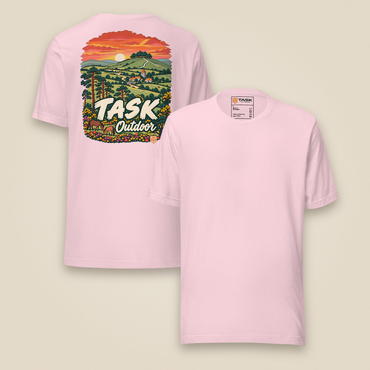 Hampshire Sunset Back Print Unisex T-Shirt in Soft Pink, front and back view