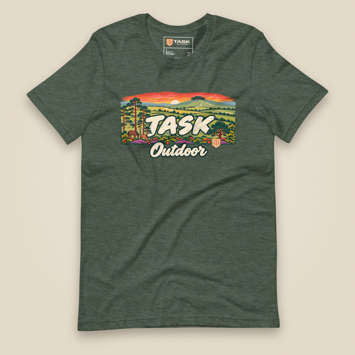 Hampshire Sunset Front Print Unisex T-Shirt in Heather Forest, front view