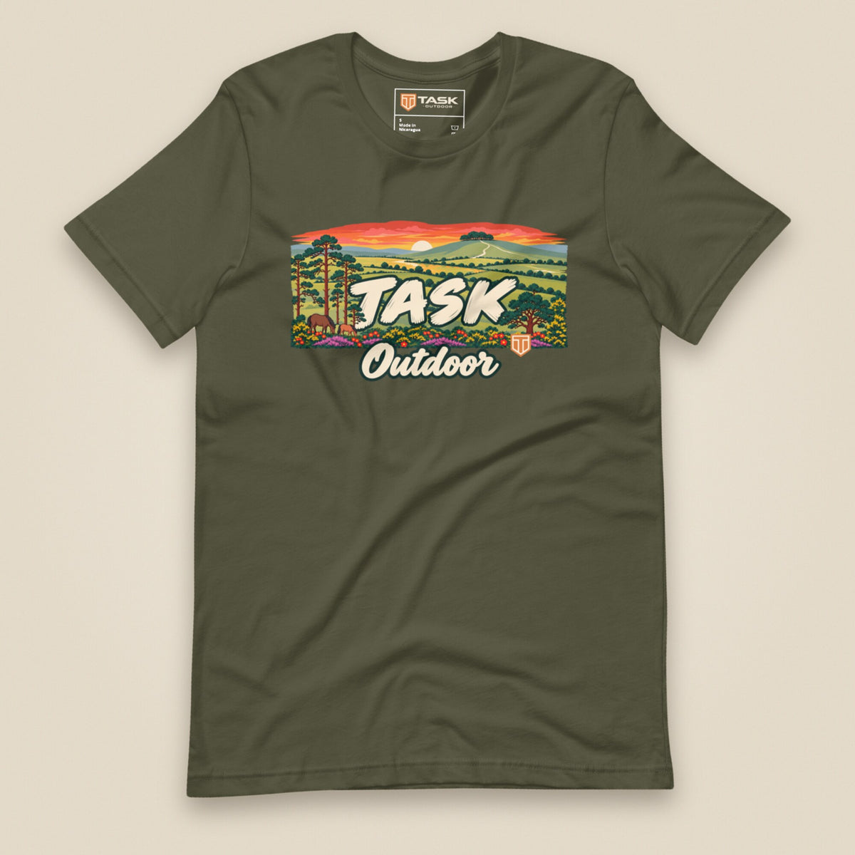 Hampshire Sunset Front Print Unisex T-Shirt in Military Green, front view