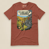 It's Just a Bit of a Scramble Unisex T-Shirt in Heather Clay, front view