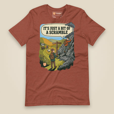 It's Just a Bit of a Scramble Unisex T-Shirt in Heather Clay, front view