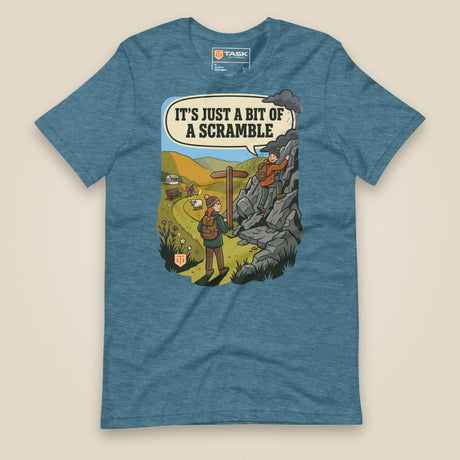 It's Just a Bit of a Scramble Unisex T-Shirt in Heather Deep Teal, front view