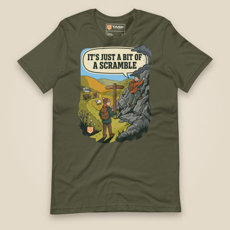 It's Just a Bit of a Scramble Unisex T-Shirt in Military Green, front view