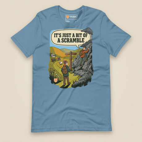It's Just a Bit of a Scramble Unisex T-Shirt in Steel Blue, front view