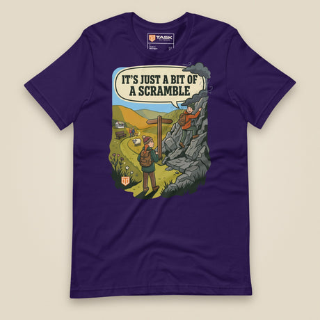 It's Just a Bit of a Scramble Unisex T-Shirt in Team Purple, front view