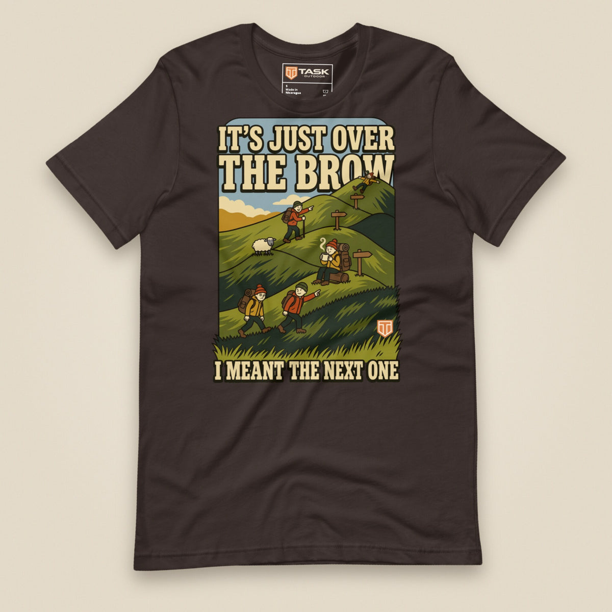 It's Just Over the Brow T-Shirt in Brown, laid flat, front view