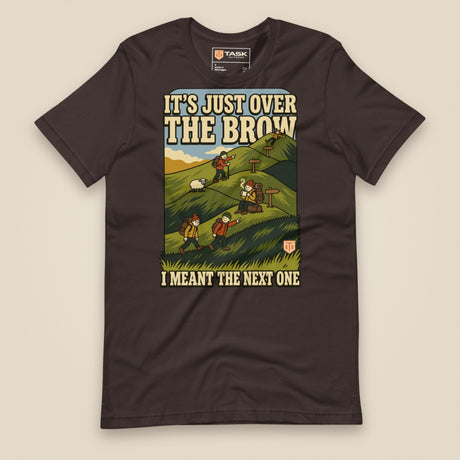It's Just Over the Brow T-Shirt in Brown, laid flat, front view
