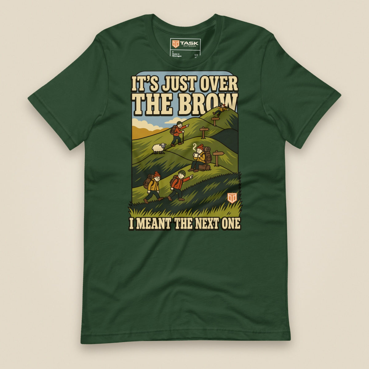 It's Just Over the Brow T-Shirt in Forest, laid flat, front view