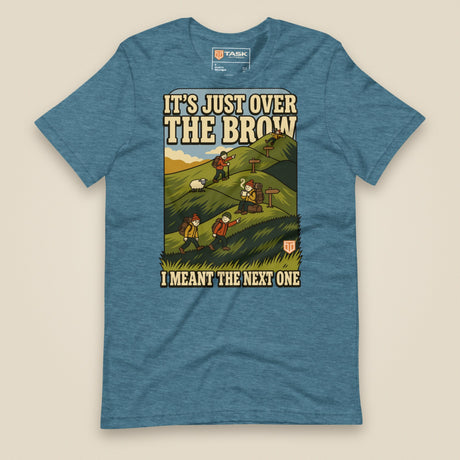 It's Just Over the Brow T-Shirt in Heather Deep Teal, laid flat, front view