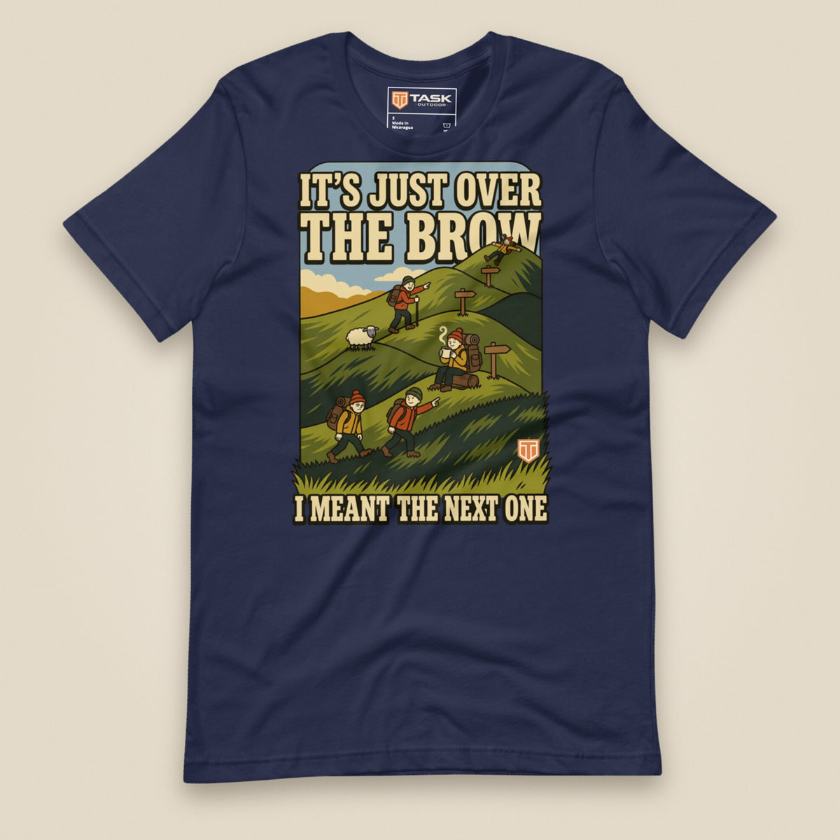 It's Just Over the Brow T-Shirt in Navy, laid flat, front view
