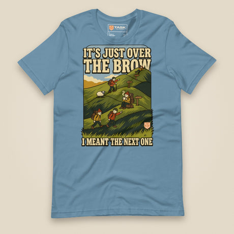 It's Just Over the Brow T-Shirt in Steel Blue, laid flat, front view