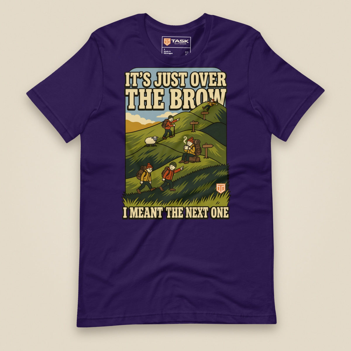 It's Just Over the Brow T-Shirt in Team Purple, laid flat, front view
