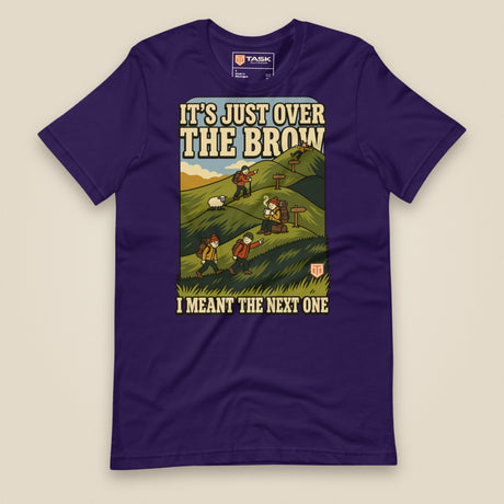It's Just Over the Brow T-Shirt in Team Purple, laid flat, front view