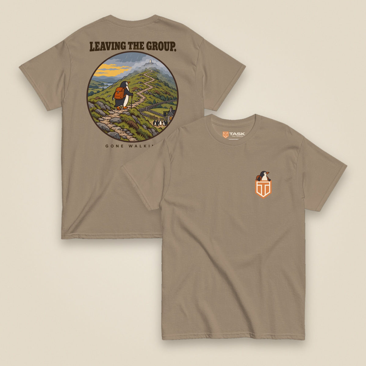 Leaving The Group Double Sided T-Shirt in Brown Savana, front and back view