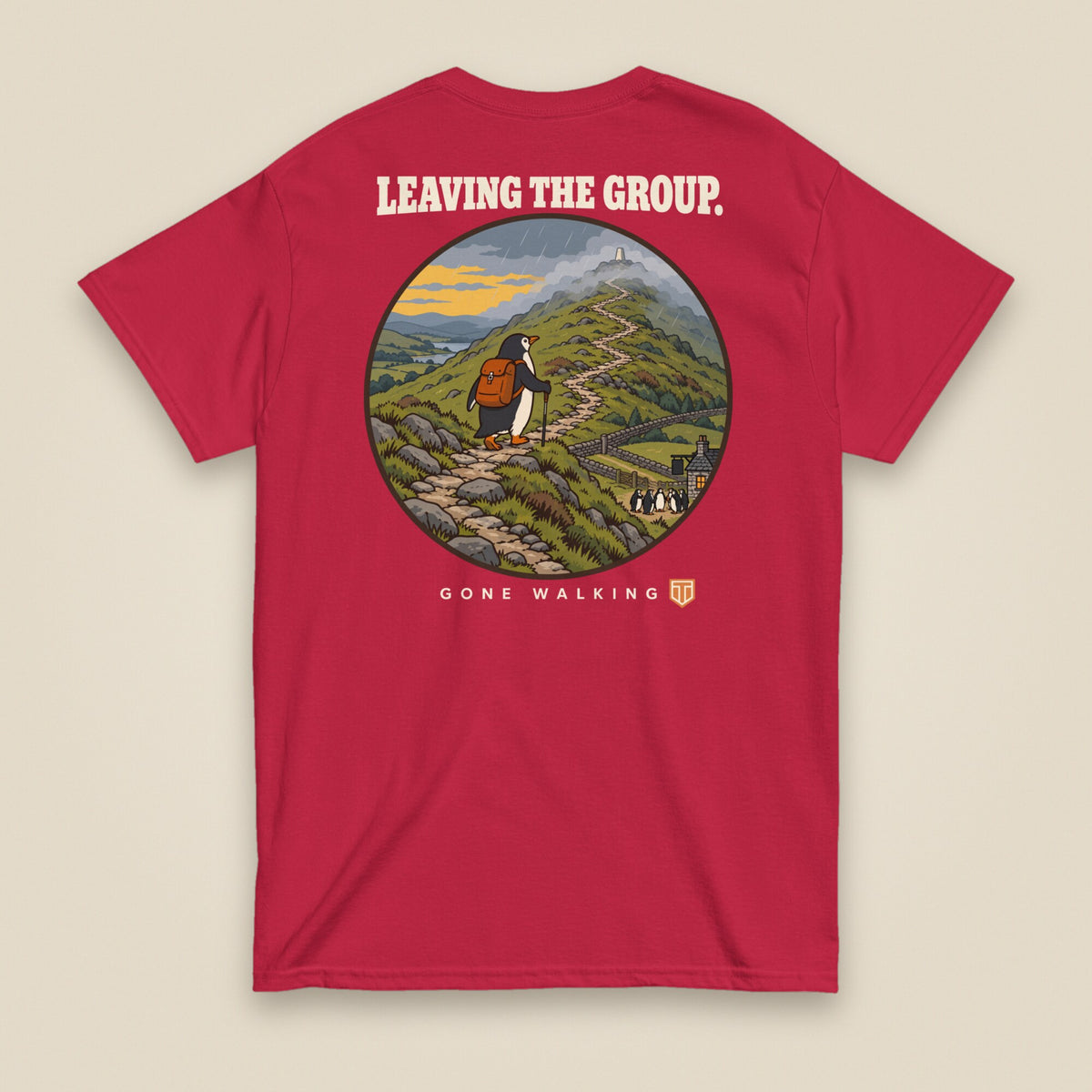 Leaving The Group Double Sided T-Shirt in Cardinal, back view