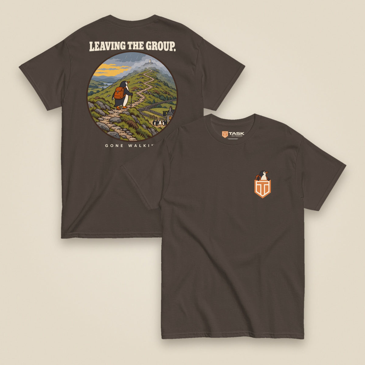 Leaving The Group Double Sided T-Shirt in Dark Chocolate, front and back view