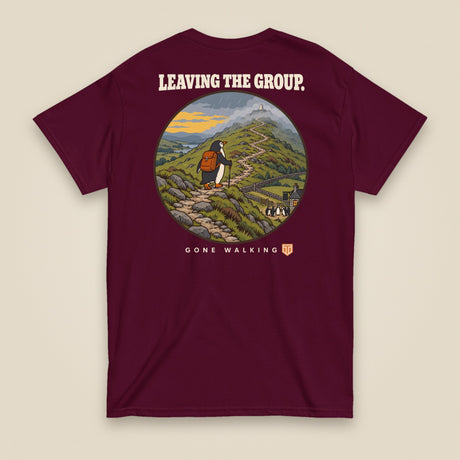 Leaving The Group Double Sided T-Shirt in Maroon, back view