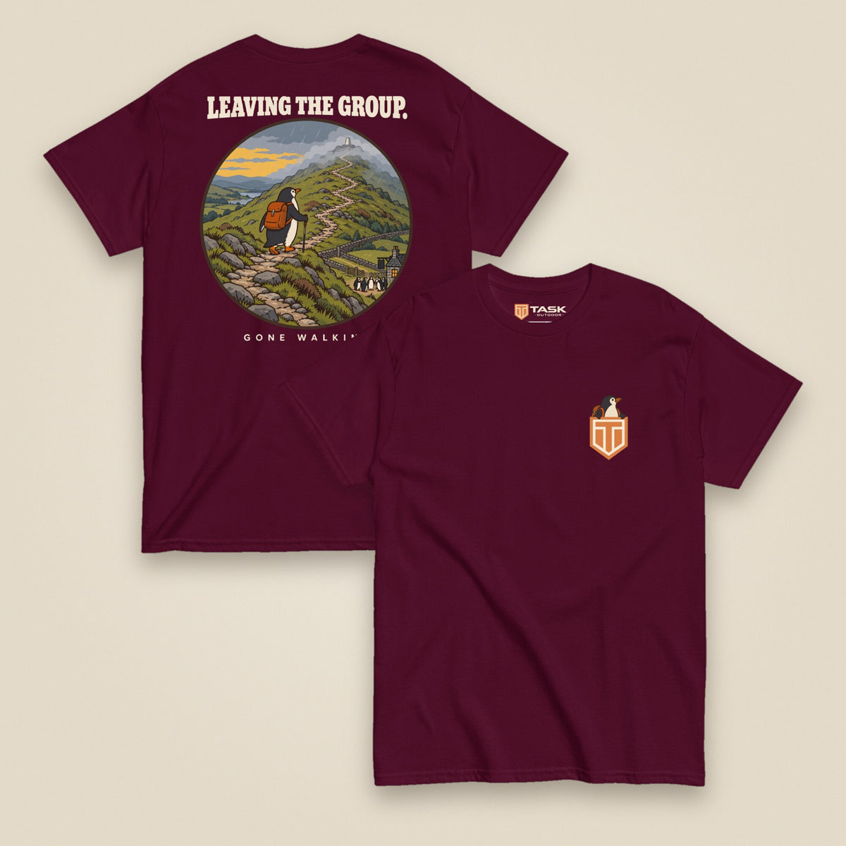 Leaving The Group Double Sided T-Shirt in Maroon, front and back view